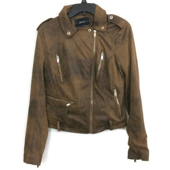 BNCI Jackets & Blazers - BNCI Faux Suede Asymmetrical Zip Long Sleeve Brown Moto Jacket Distressed Medium